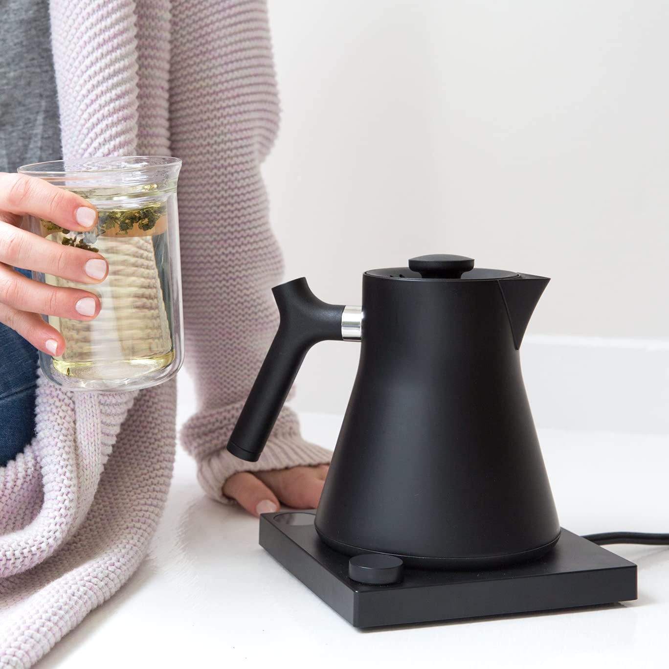 Fellow Corvo EKG Electric Tea Kettle - Electric Pour Over Coffee and Tea Pot-Temperature Control & Built-In Brew Timer-Matte Black with Walnut Handle-0.9 Liter