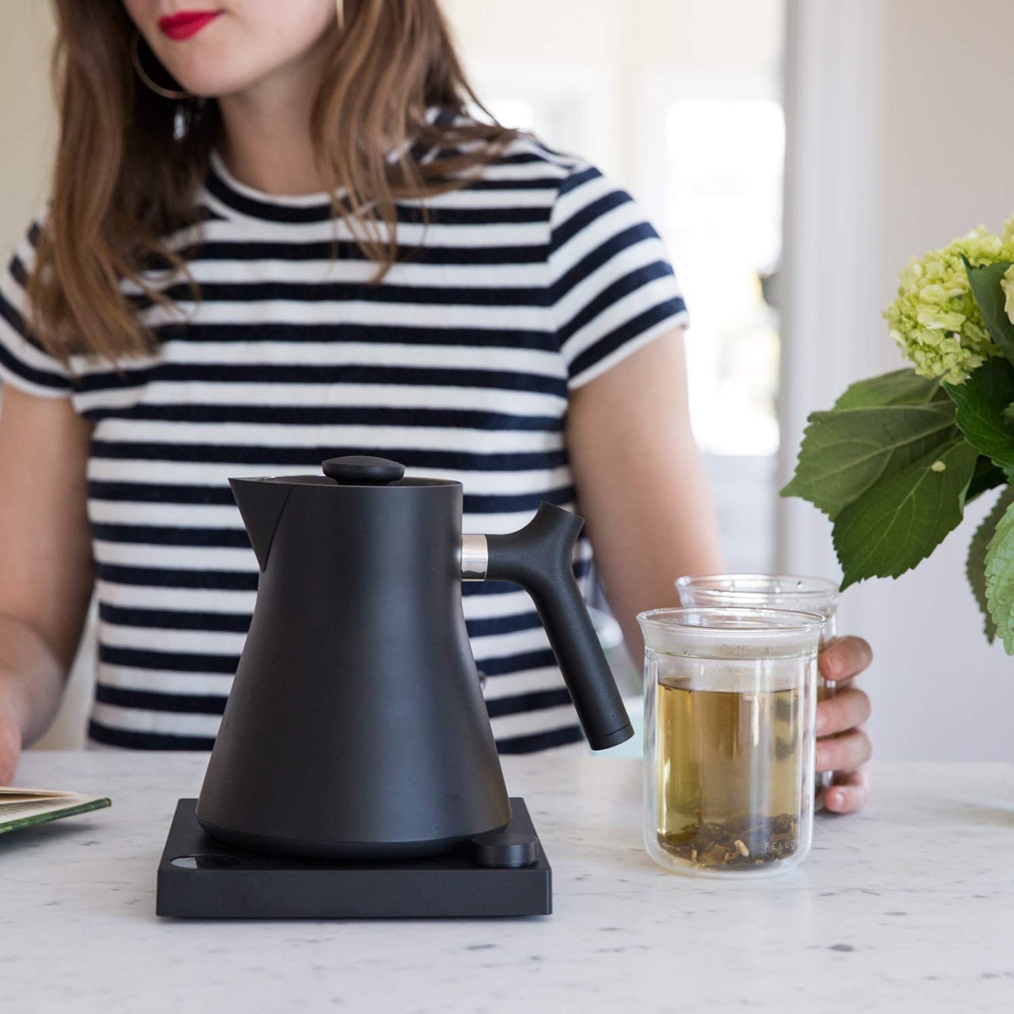 Fellow Corvo EKG Electric Tea Kettle - Electric Pour Over Coffee and Tea Pot-Temperature Control & Built-In Brew Timer-Matte Black with Walnut Handle-0.9 Liter
