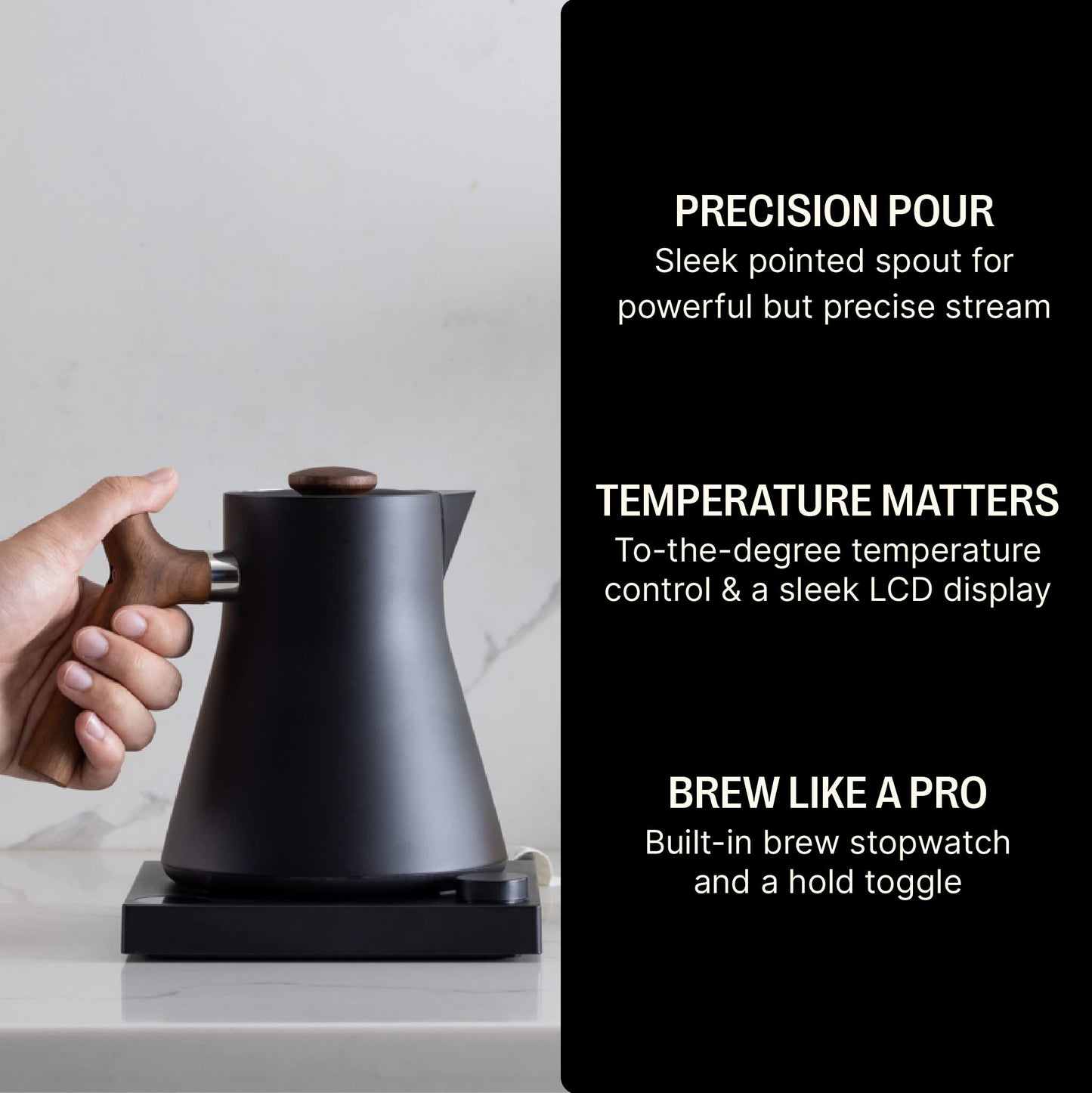 Fellow Corvo EKG Electric Tea Kettle - Electric Pour Over Coffee and Tea Pot-Temperature Control & Built-In Brew Timer-Matte Black with Walnut Handle-0.9 Liter