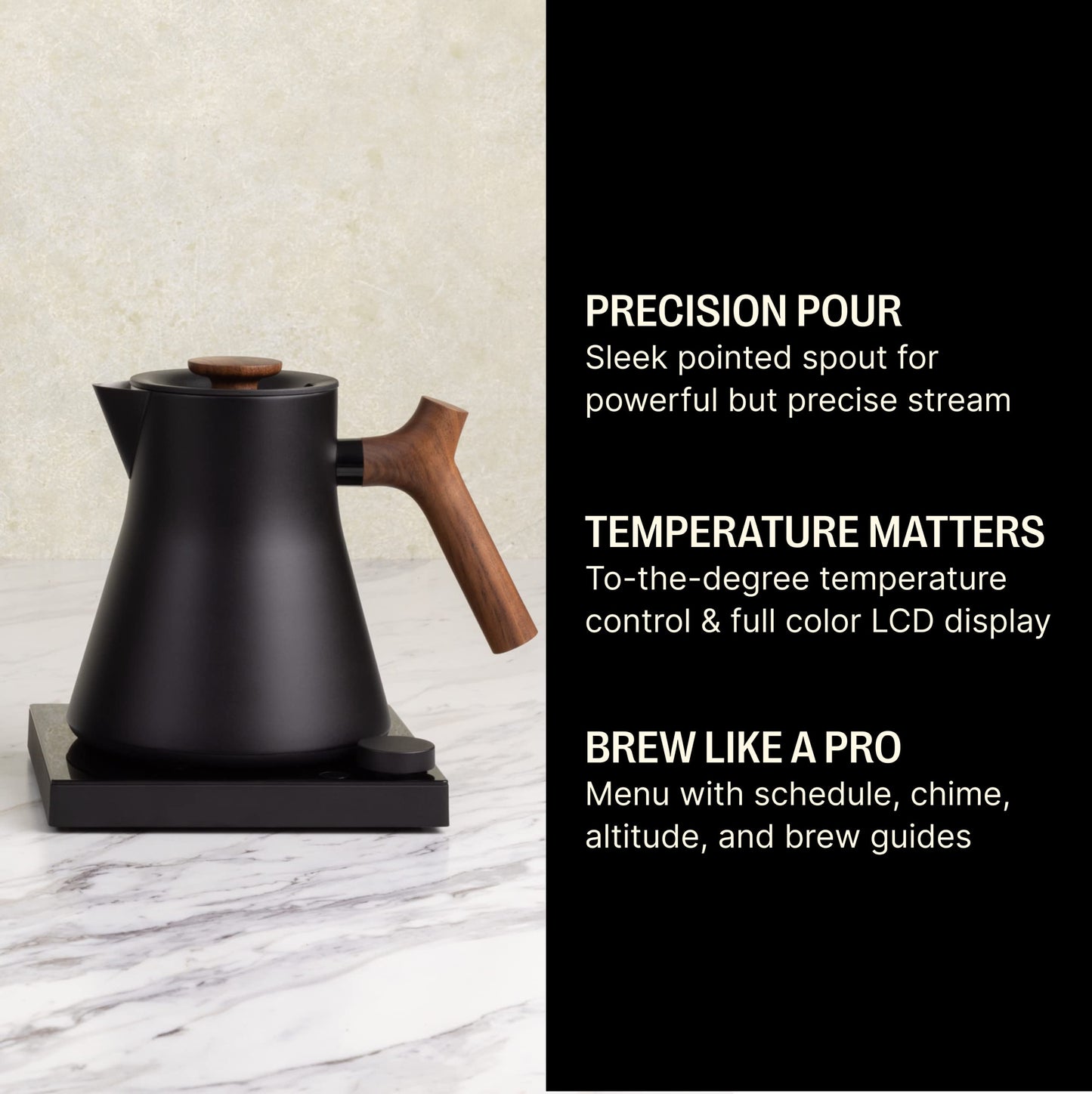Fellow Corvo EKG Electric Tea Kettle - Electric Pour Over Coffee and Tea Pot-Temperature Control & Built-In Brew Timer-Matte Black with Walnut Handle-0.9 Liter