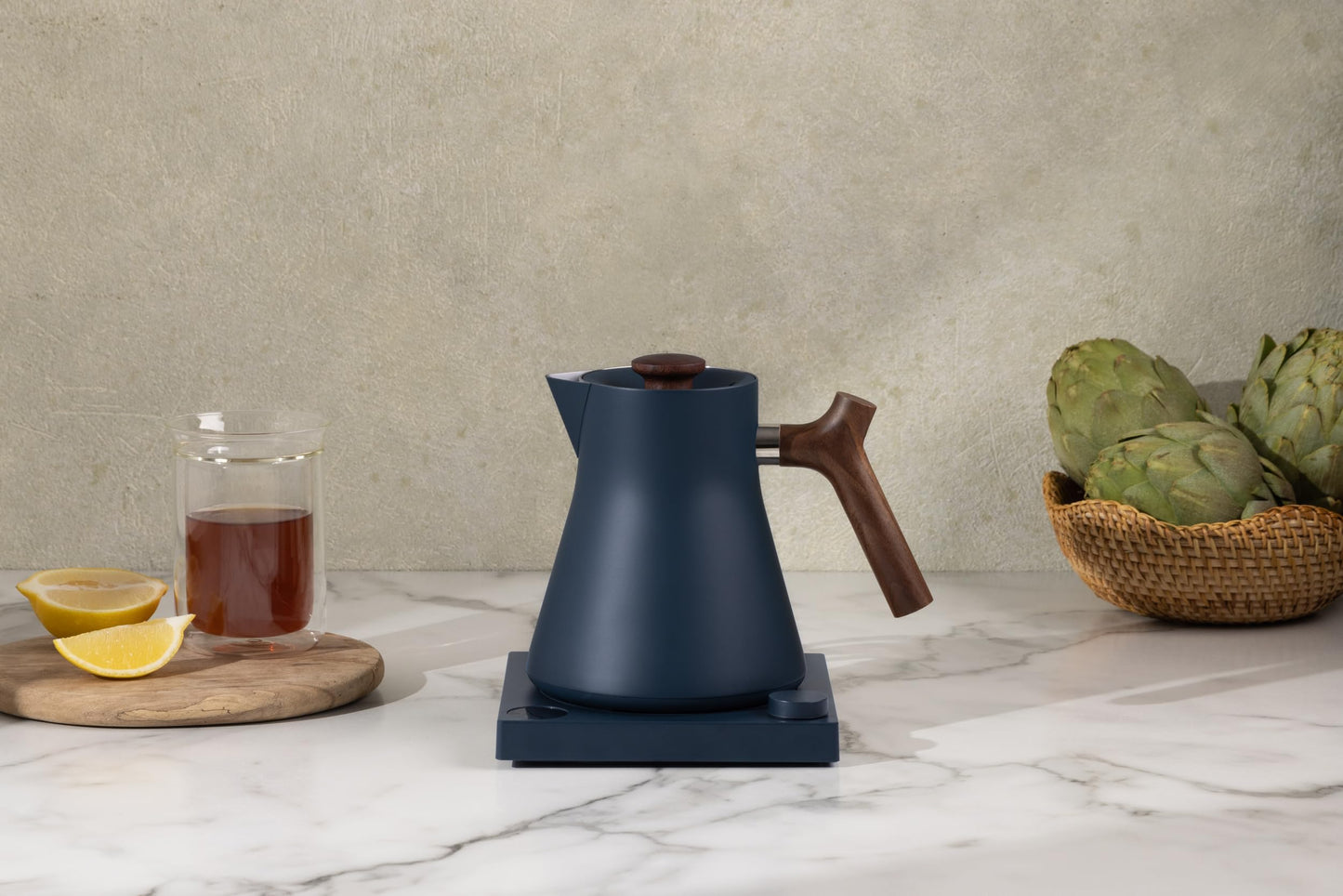 Fellow Corvo EKG Electric Tea Kettle - Electric Pour Over Coffee and Tea Pot-Temperature Control & Built-In Brew Timer-Matte Black with Walnut Handle-0.9 Liter
