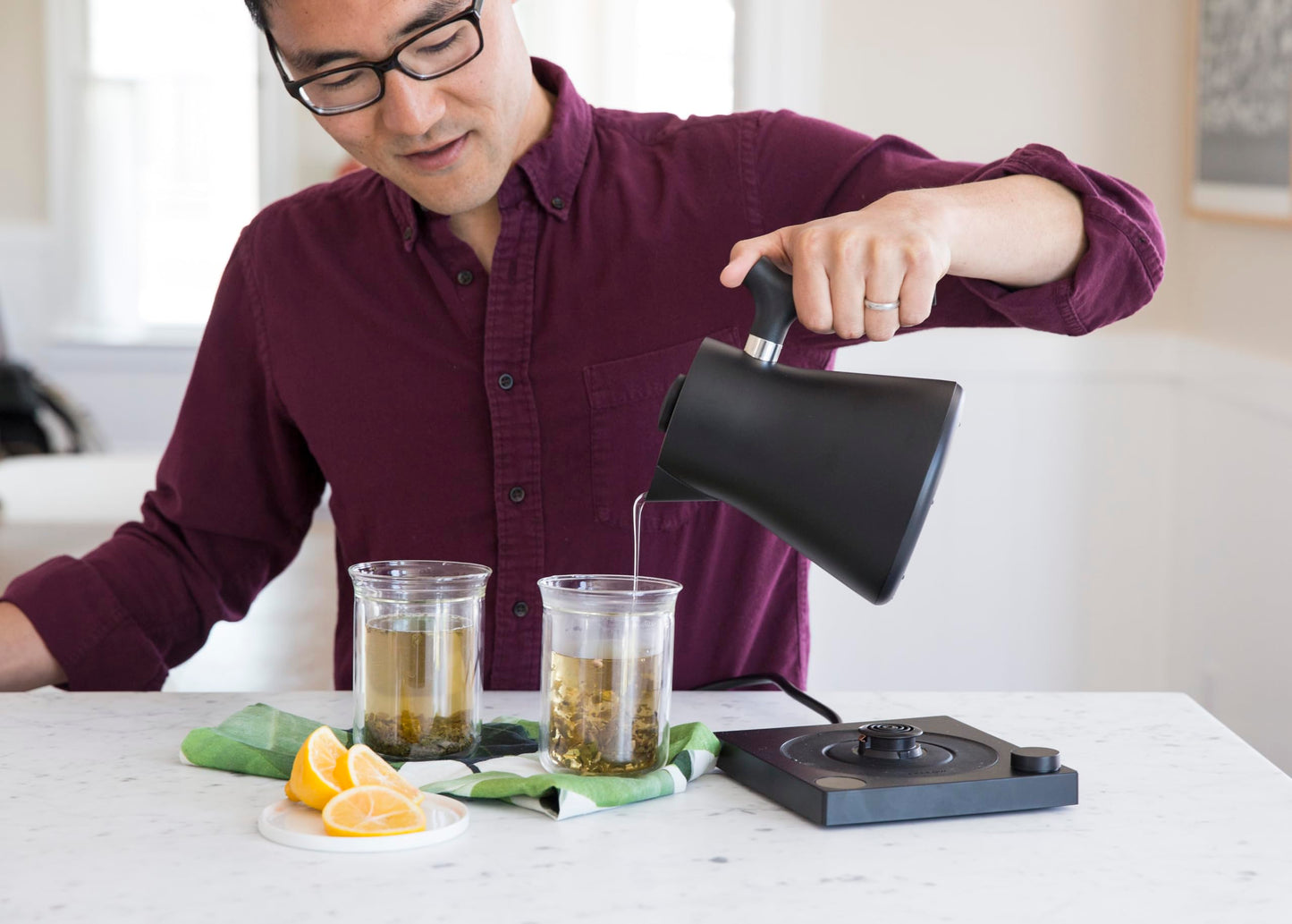 Fellow Corvo EKG Electric Tea Kettle - Electric Pour Over Coffee and Tea Pot-Temperature Control & Built-In Brew Timer-Matte Black with Walnut Handle-0.9 Liter