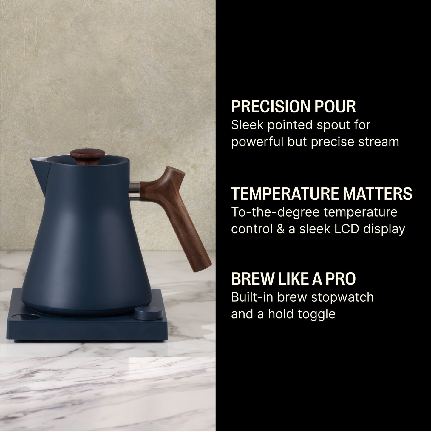 Fellow Corvo EKG Electric Tea Kettle - Electric Pour Over Coffee and Tea Pot-Temperature Control & Built-In Brew Timer-Matte Black with Walnut Handle-0.9 Liter