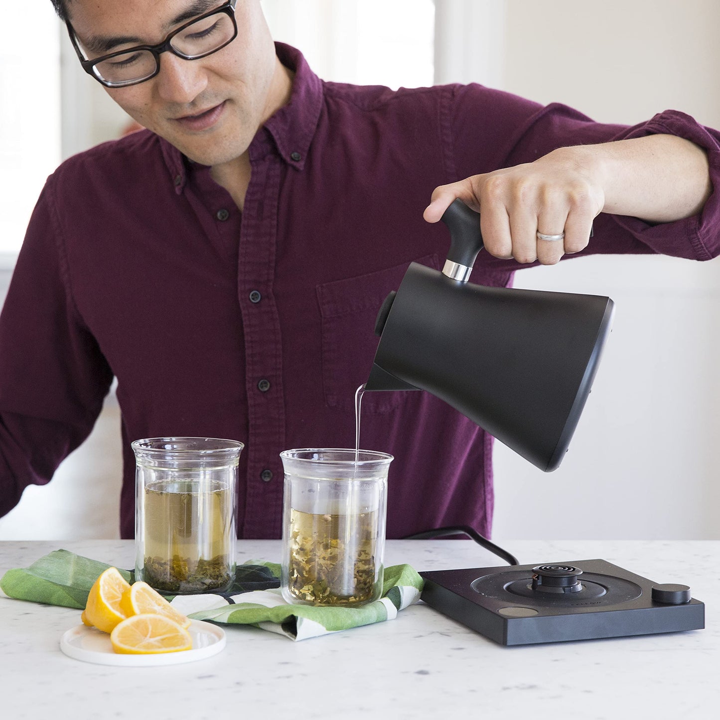 Fellow Corvo EKG Electric Tea Kettle - Electric Pour Over Coffee and Tea Pot-Temperature Control & Built-In Brew Timer-Matte Black with Walnut Handle-0.9 Liter