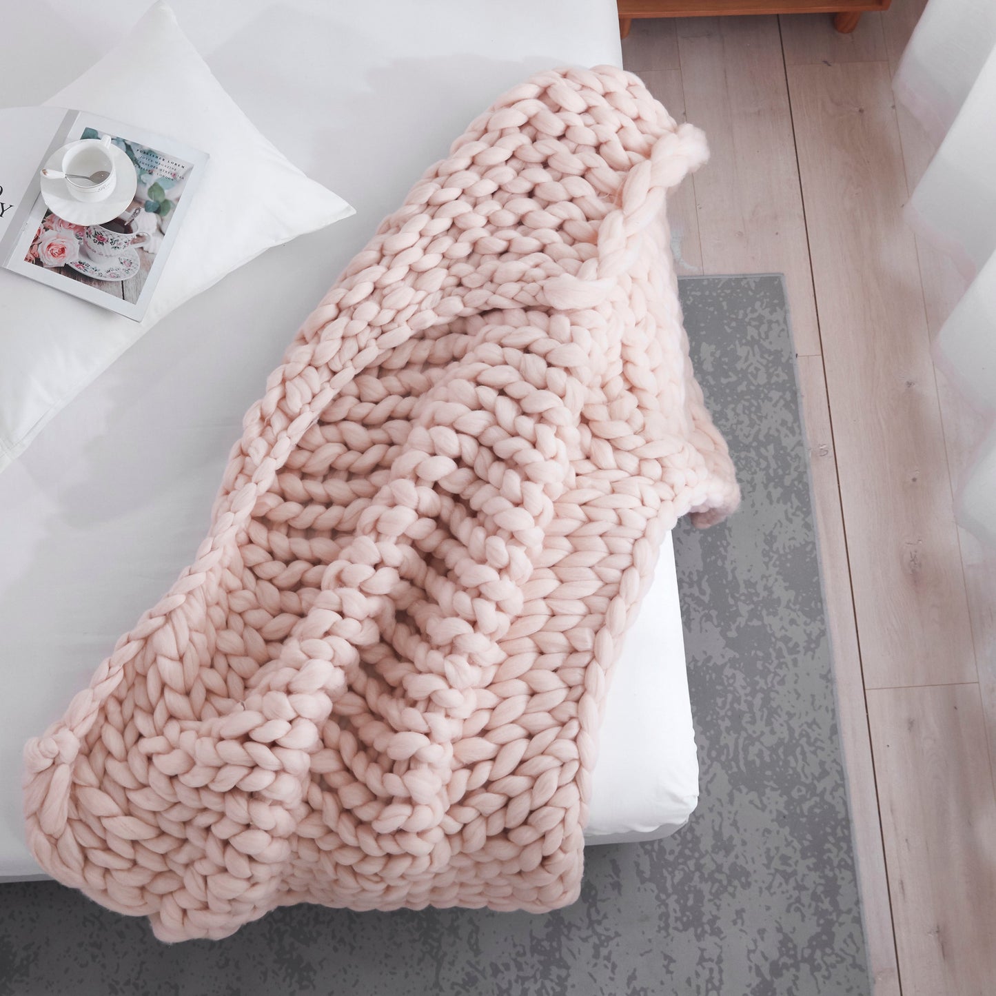 Pink Boho Chunky Knit Throw Blanket