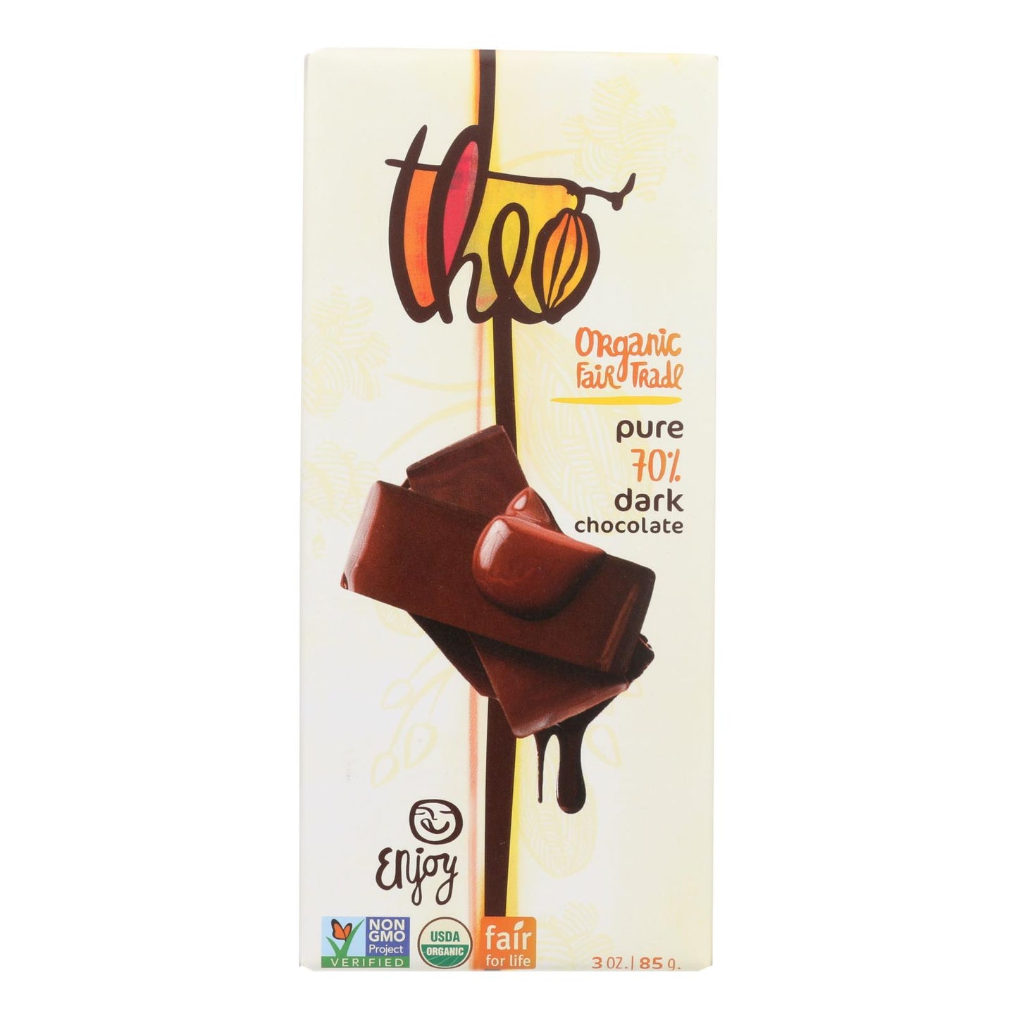 Theo Organic Chocolate Bar - Dark Chocolate - 70 Percent Cacao - Pure - 3 oz Bars - Case of 12