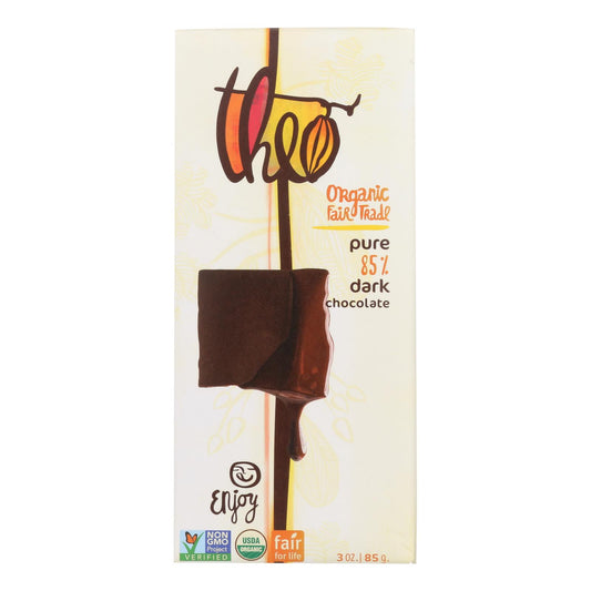 Theo Organic Chocolate Bar - Dark Chocolate - 85 Percent Cacao - Pure - 3 oz Bars - Case of 12